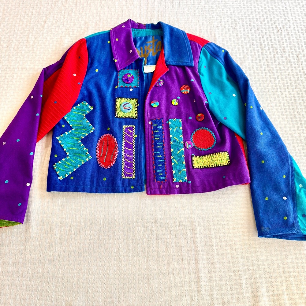 Vintage Crystal Handwovens Art to Wear Colorblock Jacket 90s Small‎ Clowncore
